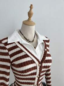 SHEIN Unity Velvet Striped Textured Women's Long Sleeve Single-Breasted Fitted Shirt - Multicolor - View 3