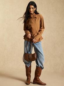 Easelle Women's Brown Woven Stand Collar Drop Shoulder Long Sleeve Fashionable And Versatile Regular Coat, Perfect For Autumn And Winter - Brown - View 4
