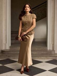 ZEYLAH 2pcs Elegant Satin Patchwork Set - Khaki - View 8