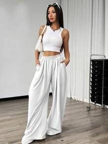 SHEIN Unity 女式休闲纯色阔腿运动裤 - 白色 - 查看 5