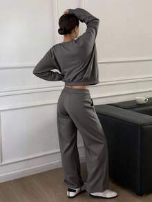 DAZY Bộ đồ thể thao nữ dáng rộng vai rớt gồm áo nỉ và quần nỉ, gồm 2 món, thích hợp mặc ở nhà. - Xám - Xem 5