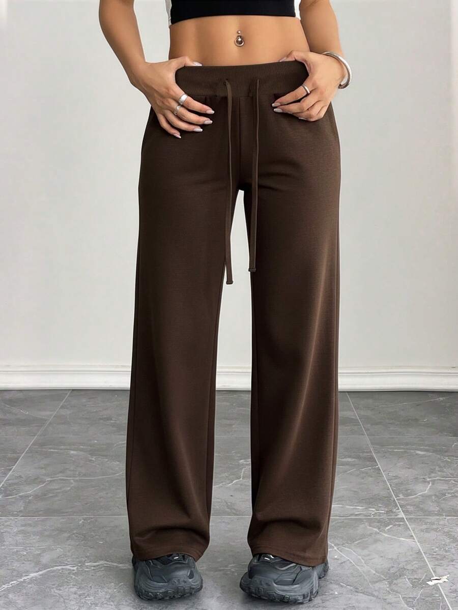 SHEIN PETITE 舒适休闲纯色针织低腰阔腿女式运动裤 - 棕色 - 查看 1