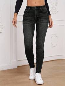 SHEIN Essnce Jeans de mujer de talle bajo, de unicolor, de ajuste ceñido, versátiles y de moda