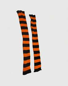 ROMWE Grunge Punk 1 Pair Women's Solid Color Knitted Extra Long Leg Warmers, Dark Purple & Black Striped, Suitable For All Seasons - Orange black - View 5