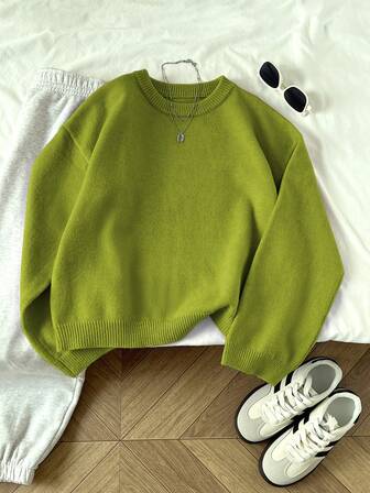 Elamini Women's Solid Color Crew Neck Long Sleeve Casual Pullover Sweater, Autumn/Winter, Christmas