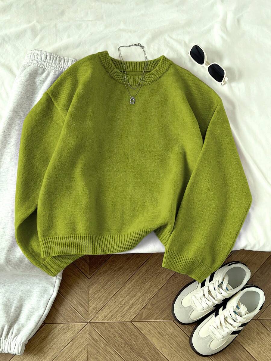 Elamini 女式纯色圆领长袖休闲套头毛衣，秋冬 - 綠色 - 查看 1