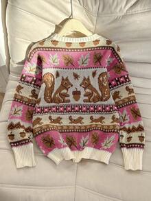 Franclia 新款叶子和松鼠图案圆领长袖套头毛衣 - 玫紅色 - 查看 2