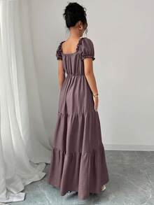 Elenzga 女士优雅长裙，独特领口，多层拼接，荷叶边饰边，修身设计/垂坠/分层/假日装/波西米亚风/浪漫花卉/度假休闲 - 淡紫色 - 查看 2