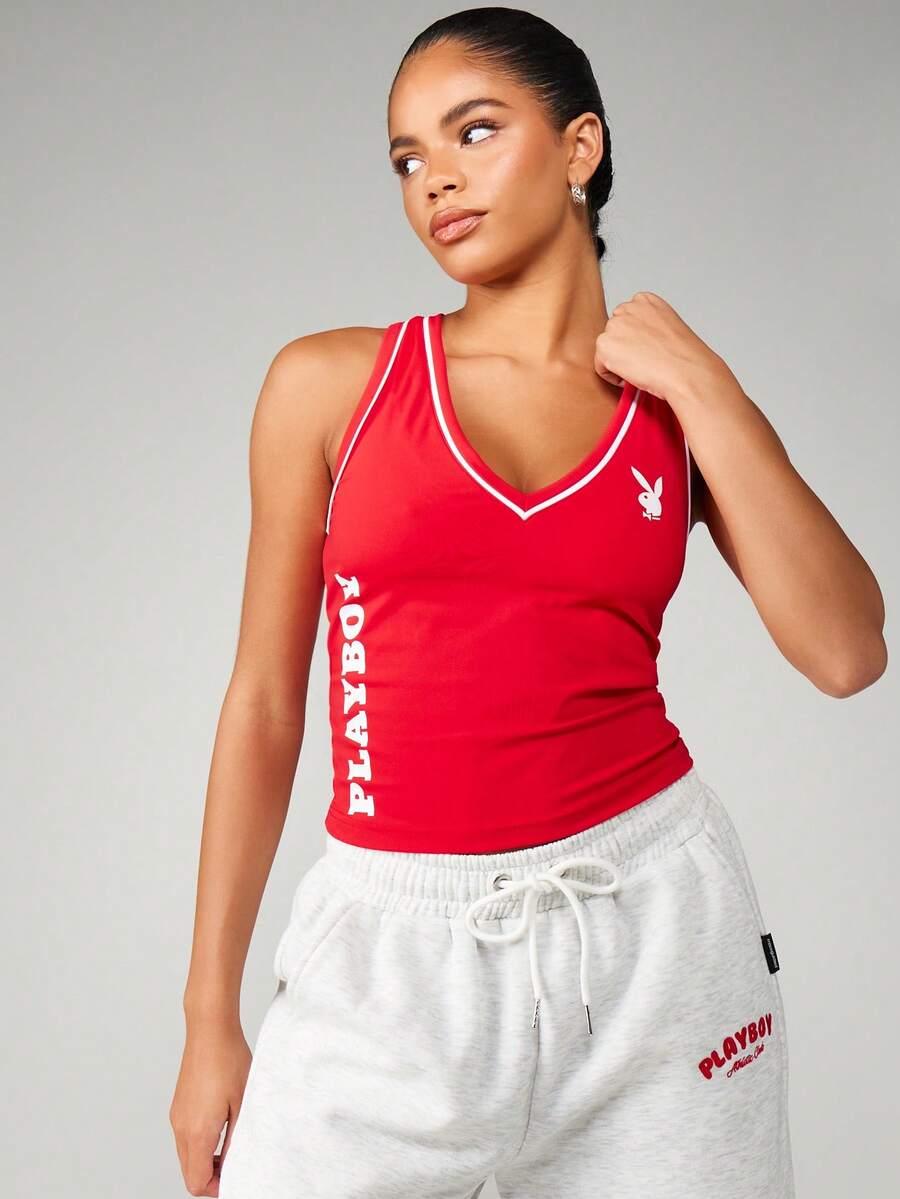 Missguided x Playboy Christmas Athletic Tank Top With White Contrast Piping V Neck Racerback Sports Vest - Red - View 1