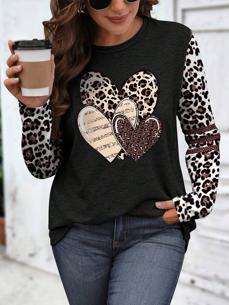 EMERY ROSE Women's Plus Size Casual Heart & Leopard Print Round Neck Long Sleeve T-Shirt