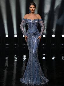 Glamrae Elegant Mist Blue Sequin Off Shoulder Long Sleeve Dress With Rhinestone Buttons,Fishtail Hem Trailing Luxury Formal Gala Wedding Event Birthday Party - Dusty Blue - View 5