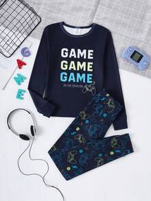 2pcs Boys' Soft & Comfortable Video Game Graphic Print Snug Fit Pajama Set, Sporty Basketball Print, Fluorescent, Long Sleeve Top & Pants, Autumn/Winter Loungewear - Multicolor - View 1