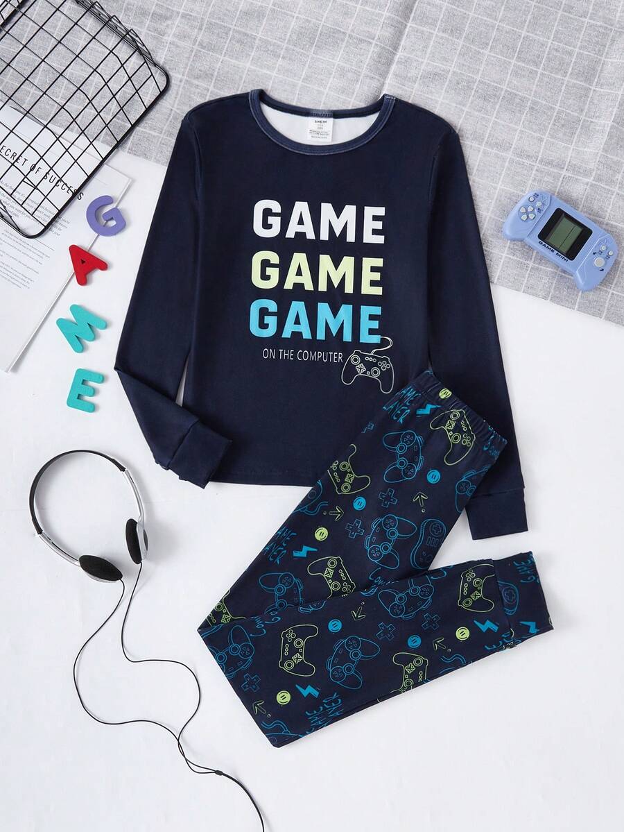 2pcs Boys' Soft & Comfortable Video Game Graphic Print Snug Fit Pajama Set, Sporty Basketball Print, Fluorescent, Long Sleeve Top & Pants, Autumn/Winter Loungewear - Multicolor - View 1