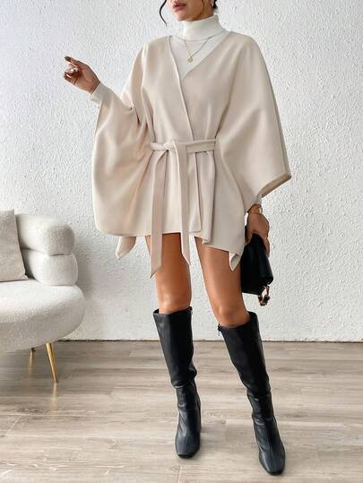 SHEIN PETITE Stylish, Simple, Casual, And Versatile Cover-Up Style Women's Overcoat, Apricot Color, Elegant Women's Overcoat.