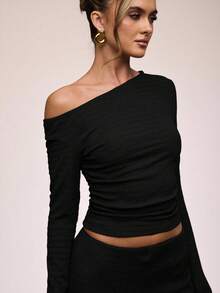 SHEIN BAE 女士纯色不对称肩长袖褶皱T恤和阔腿裤休闲套装 - 黑色 - 查看 8