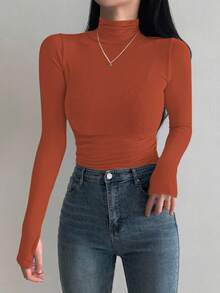 DAZY Women's Turtleneck Long Sleeve Base Layer T-Shirt, Black, Spring/Summer/Autumn - Rose Red - View 3