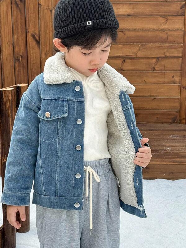 Genkimix Kids Young Boy's Fashionable Korean Street Casual Style Thick Wool Denim Collar Jacket, Suitable For Winter Outings, School And Other Outfits, Can Be Paired With Various Tops And Pants Fall