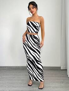 SHEIN SXY 2pcs Women Summer Fashionable Zebra Print Tube Top And Bodycon Skirt Set - Black and White - View 6