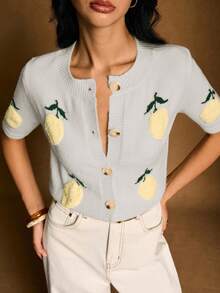 Poéselle Cárdigan de punto de manga corta casual con bordado de limón - Gris - Ver 5
