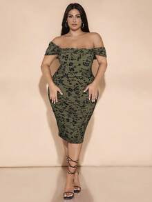SHEIN BAE Plus Size Olive Green Summer Elegant Women Off Shoulder Ruched Midi Dress, Floral All-Over Print Flocked Wedding Guest Birthday Party Clothes - Army Green - View 5