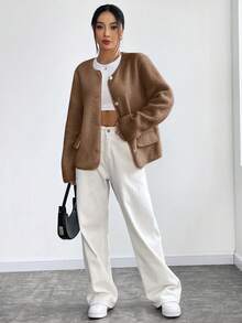 SHEIN Unity Women's Casual Loose Solid Color Long Sleeve Front Button Jacket - Brown - View 3