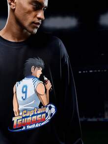 Captain Tsubasa X SHEIN Men's Casual Cartoon Soccer Figure And Letter Graphic Drop Shoulder Oversize Pullover Sweatshirt - Black - View 6