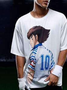 Captain Tsubasa X SHEIN 男士休闲卡通人物图案圆领短袖T恤，夏季 - 白色 - 查看 5