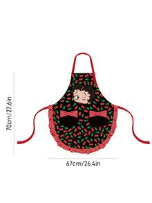 Betty Boop x SHEIN 1pc Cherry Print Apron, Cute Bow Pocket Design, Comfortable And Soft, A Must-Have For Kitchen Baking,Gift Ideas,Party,Holiday,Valentine's Day - Black - View 3