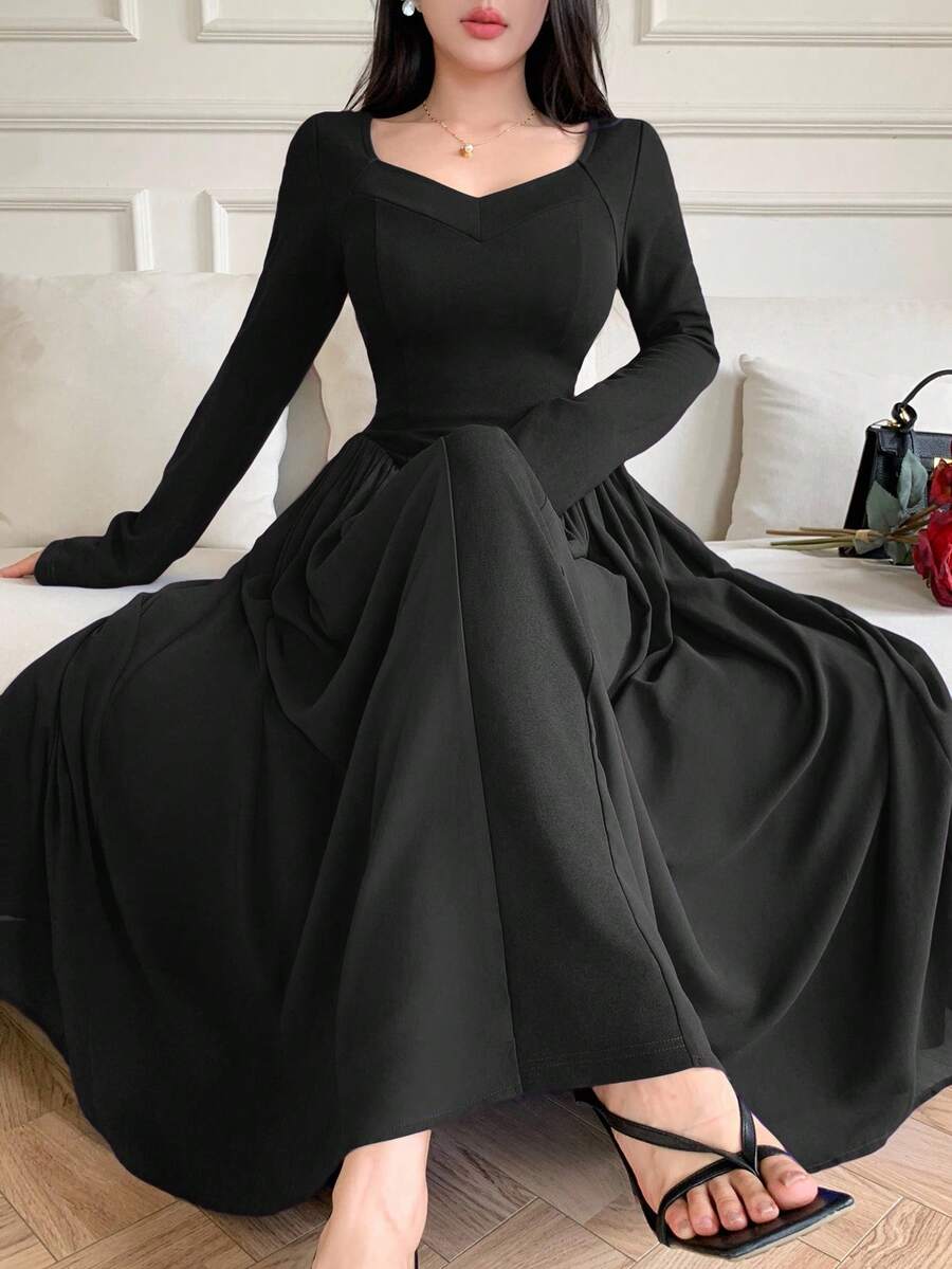 Feyla 女士优雅收腰 A 字形连衣裙 - 黑色 - 查看 1