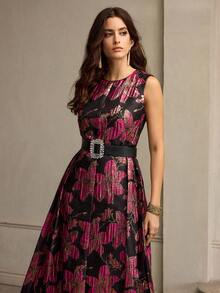 ZEYLAH Women's Jacquard Waist Flared Dress, Autumn/Winter - Hot Pink - View 8