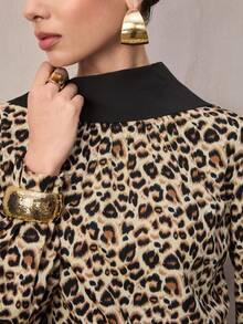 Modelyn Women's Autumn Leopard Print Turtleneck Long Sleeve Backless Fashionable Color Block Shirt - Multicolor - View 6