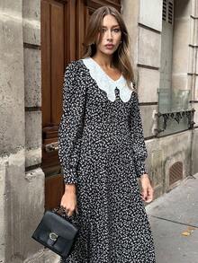 Pariaura 秋冬新品：女装优雅法式长袖蕾丝领碎花连衣裙，散发复古浪漫气息 - 黑色 - 查看 6