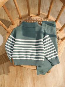SHEIN 2pcs/Set Baby Boy/Girl Casual Sports Chic Gentleman College Style All-Match Versatile Stand Collar Half-Zip Striped Sweater & White Knit Pants Set Autumn Winter Clothes For Women - Green - View 2