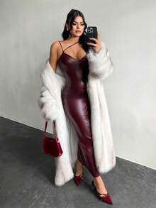 SHEIN SXY Váy bó sát da PU màu trơn dành cho nữ - Màu Đỏ Sâu - Xem 6