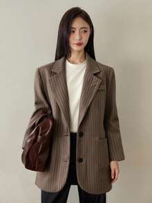 Dazy-Less 女式格子羊毛西装外套，宽松商务休闲办公室通勤夹克，秋冬 - 棕色 - 查看 5