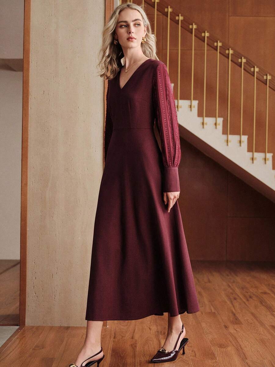 Uhlyne Thời trang nữ Thiết kế chắp vá sang trọng Kiểu Pháp nhẹ nhàng Đi làm, Dự tiệc, Đầm hẹn hò - Màu Đỏ Sâu - Xem 1