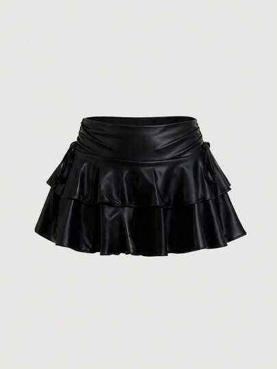 SHEIN MOD Women's Casual Drawstring Tie-Knot Double-Layer Cake Skirt, PU Material.Black Faux Leather Mini Skirt, Ruffled Hem, Layered Design, High Waist, Shiny Finish, Soft Touch, Flared Silhouette, Elegant Style, Lightweight Material, Smooth Texture, Comfortable Fit, A-Line Shape, Classic Color, Timeless Appeal, Decorative Layers, Versatile Look, Feminine Details