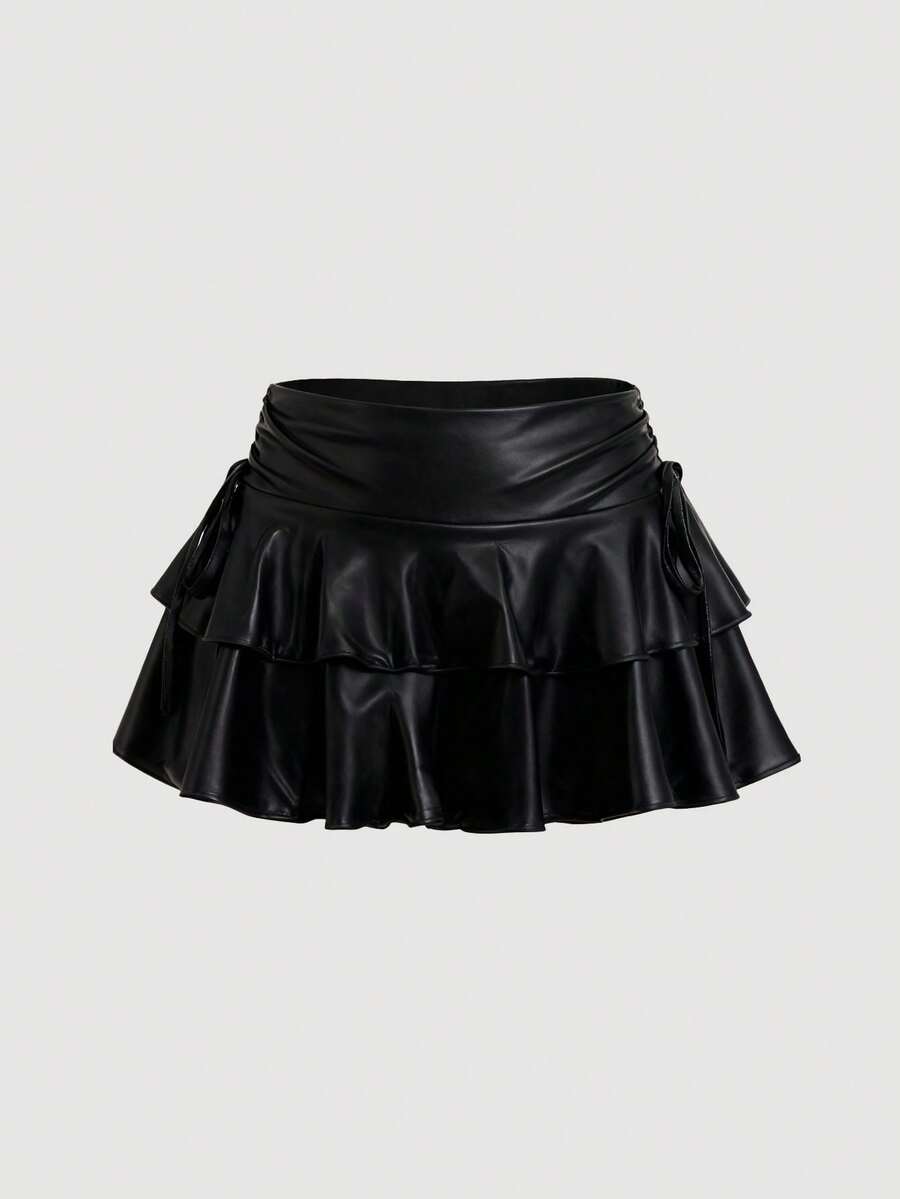 SHEIN MOD 女士休闲抽绳系带双层蛋糕裙，PU材质 - 黑色 - 查看 1
