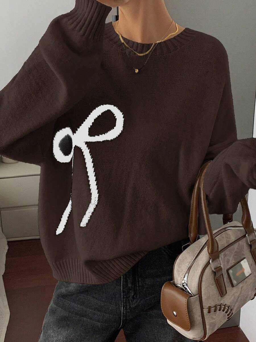 DAZY Cream-White Bow Knitted Sweater For Women, Loose Vintage Style, Autumn/Winter - Brown - View 1