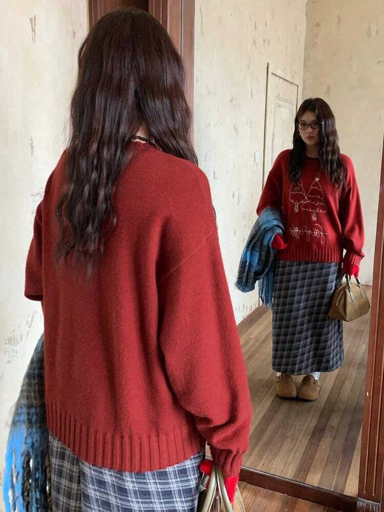 Dazy Plus Plus Size Women Loose Fit Crew Neck Christmas Tree Embroidery Pullover Sweater, Casual For Christmas & New Year