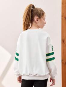 JNSQ Tween Girls Casual Loose Fit Graphic Print Crew Neck Long Sleeve Sweatshirt, Suitable For School, Outdoor Activities, Vacation, Streetwear, Party And Leisure, Autumn/Winter - White - View 2