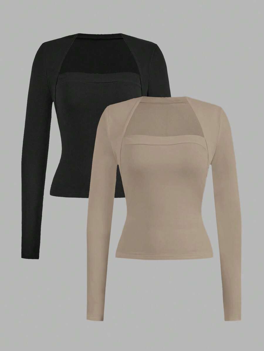 SHEIN EZwear 2 件女士休闲纯色百搭修身长袖 T 恤,适合秋冬季 - 彩色 - 查看 1