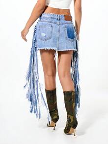 SUMWON WOMEN Distressed Fringe Denim Mini Skirt With Raw Hem Festival Concert Streetwear - Blue - View 2