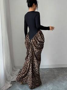 Elenzga 女士黑色针织面料拼布豹纹圆领褶饰腰部优雅连衣裙，适合生日礼物、约会、派对、正式场合、鸡尾酒会、音乐节、独立日、网络星期一、万圣节、单身节、返校派对、平安夜、感恩节、圣诞节、排灯节、秋季连衣裙 - 彩色 - 查看 2