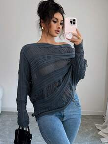Rafferiza Women's Elegant Gray Autumn Chic Slouchy Slant Collar Asymmetrical Shoulder Knitted Batwing Sleeve Pullover Sweater, Night Out Casual Business Office Top - Navy Blue - View 1