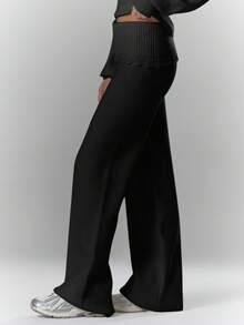 MUSERA Rib Knit Crochet Detail Foldover Waistband Wide Leg Trousers Bottom Only Cosy Cute Casual Coffee Club Evening Party Elegant   Spring - Black - View 3