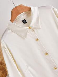CosyJoli French Casual Simple Apricot Satin Basic Open-Collar Plus Size Shirt, Suitable For Office Commuting, Daily Wear, Metal Button Tops, Going Out Clothing