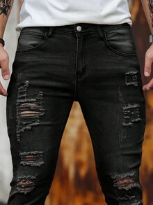 Manfinity LEGND Men's Solid Color Ripped Skinny Pocket Casual Versatile Jeans Men Ripped Frayed Skinny Jeans - Black - View 5
