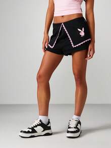Missguided x Playboy Women's Hot Pants Lace Trim Detail Black Shorts With Bunny Logo - Casual Summer Festival Bottoms - Black - View 5