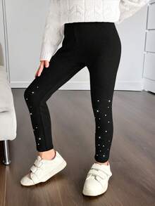 SHEIN 少女优雅水钻装饰打底裤，适合日常休闲穿着，带保暖内衬，圣诞节 - 黑色 - 查看 6